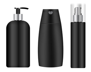 Wall Mural - Black cosmetic jar. Shampoo bottle, pump container. Black plastic tube mockup, barber product flask on white background. Hand cream dispenser, liquid shower gel dispenser pack