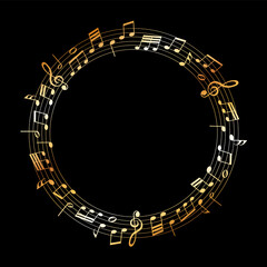 vector sheet music - gold musical notes melody on dark background	
