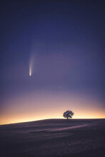 Comet Neowise Over Rural Landscape At Night, Warwickshire, England, UK