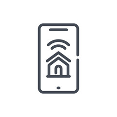 Poster - Mobile phone with connection to smart home line icon. Smartphone with signal waves and house vector outline sign.