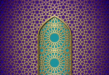 Abstract Background With Door, Islamic Ornament, Arabic Geometric Pattern Or Texture. Golden Lined Tiled Motif Over Colored Background With Gate.