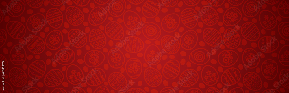 Red Easter banner with color eggs decorated with flowers and leafs. Easter Day holiday design. Horizontal background, headers, posters, cards, website. Vector illustration. - obrazy, fototapety, plakaty 