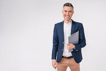 Confident Mature Caucasian Businessman Holding Clipboard Isolated Over White Background
