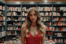 Elegant Unemotional Young Woman In Sundress Standing Against Table With Assorted Textbooks In Bookstore