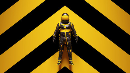 Wall Mural - yellow black spaceman retro astronaut cosmonaut with yellow an black chevron background 3d illustrat