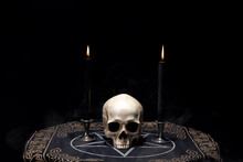  Human Skull On Pentagram Altar Cloth With Burning Candles. Astrology, Occult, Black Magic Ritual.
