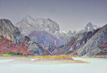 Photograph Of The Ria√±o Reservoir In Autumn With The First Snows On The Peaks. Castilla And Leon. Spain
