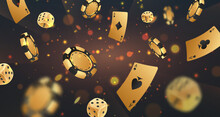 Falling Golden Poker Chips, Tokens, Dices, Playing Cards On Black Background With Gold Lights, Sparkles And Bokeh. Vector Illustration For Casino, Game Design, Flyer, Poster, Banner, Web, Advertising.