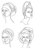 Fototapeta Dinusie - Collection. Silhouettes of the girl's head. Lady in a turban, scarf. Woman face in modern one line style. Solid line, contour for decor, posters, stickers, logo. Vector illustration set.