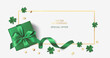 St Patrick's day sale design template. Green gift box with clover leaves and golden coin confetti on white background. Realistic holiday elements. Vector stock illustration.