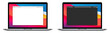 Realistic browser mockup on laptop device set. Isolated computer screen with browser page on white background.  Light and dark mode browser with colored wallpaper. Website presentation, vector design.