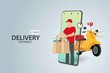 © Hugs - delivery food boy handing package food with seeing customer location map on mobile phone. food ordering and delivery concept with yellow scooter. Website banner. flat design vector illustration.