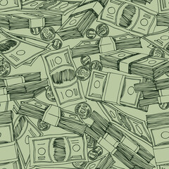 money seamless pattern, coins and stacks of paper banknotes, pile of bucks, financial capital, color vector illustration with contour lines on a green background in doodle and hand drawn style