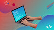 © Laura Reyero/ADDICTIVE STOCK - Conceptual contemporary art collage. Hands writing code in a laptop computer. Code design.