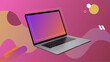 Contemporary digital art collage. Laptop open in pink background with empty screen. 