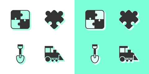 Sticker - Set Toy train, Puzzle pieces toy, Shovel and icon. Vector.