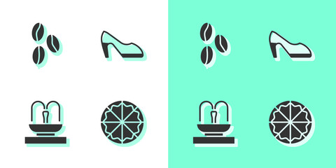 Poster - Set Pizza, Coffee beans, Fountain and Woman shoe icon. Vector.