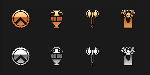 Set Greek shield, Ancient amphorae, Medieval axe and Medusa Gorgon icon. Vector.