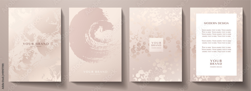 Elegant rose gold cover, frame design set. Fashionable minimal abstract art pattern with paint stroke (brush) on background. Luxury artistic vector collection for beauty catalog, fashion template - obrazy, fototapety, plakaty 