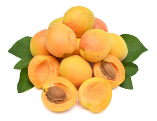 Wall Mural - Apricot fruit whole and half with leaf isolated on white background. Flat lay, top view