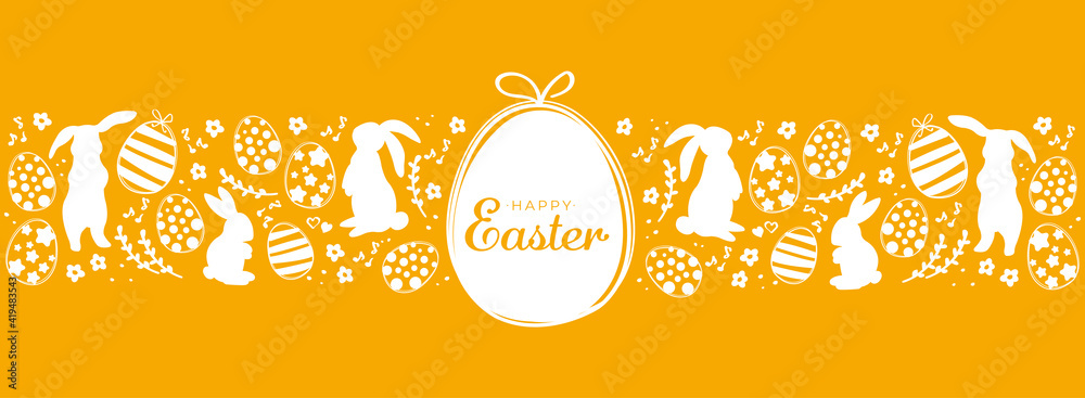 Orange happy easter greeting card with easter eggs and rabbits. Minimalist design for packing banner header - obrazy, fototapety, plakaty 
