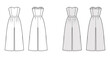 Jumpsuits culotte overall technical fashion illustration with ankle length, normal waist, high rise, double pleats, strapless. Flat front back, white, grey color style. Women, men unisex CAD mockup