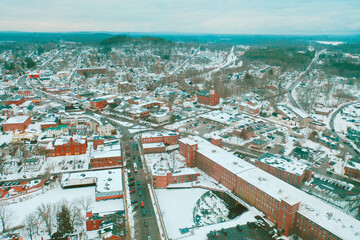 Wall Mural - Aerial Drone Photography Of Downtown Dover, NH (New Hampshire) Skyline During The Winter Snow Season