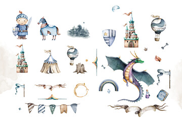 Fairytale brave cute little knight and the castle, dragon. Hand drawn watercolor cartoon set for kid greeting card