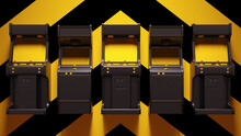 Yellow Black Arcade Machines With Yellow An Black Chevron Background 3d Illustration Render	
