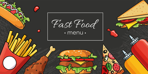 Wall Mural - Set of handdrawn fast food. Template with junk food. Flat vector design for banner. Decorative banner with hand drawn colored burgers, drinks, french fries, sandwiches on black background