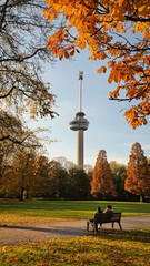 Autumn Park Rotterdam Euromast people sitting on a bench - The Netherlands