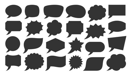Aufkleber - Speech bubble black silhouette, geometric shapes set. Empty cloud, balloon speak banners. Glyph blank frame for comic, social, advertising, dialog, comment text. Web symbol, chat communication sign.