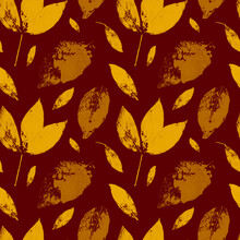 Hand-drawn Seamless Pattern, Monotype. Yellow, Brown Leaves On A Burgundy Background. Acrylic Texture. Creative Wallpaper Or Design Work, Covers, Packaging, Fabrics, Wrapping Paper