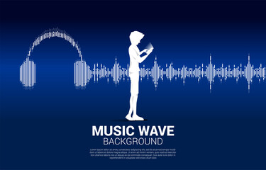 Poster - man with mobile phone and Sound wave Music Equalizer background. audio visual headphone icon with pixel wave graphic style