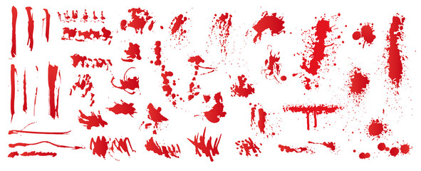 Poster - Set of realistic bloody splatters. Drop and blob of blood. Bloodstains. Isolated. Vector illustration of bloody ink drips on white background.