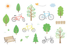 自転車と木とベンチの手描きイラスト