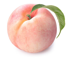 Wall Mural - pink peach fruit with leaf isolated on white background, fresh peach on white background with clippi