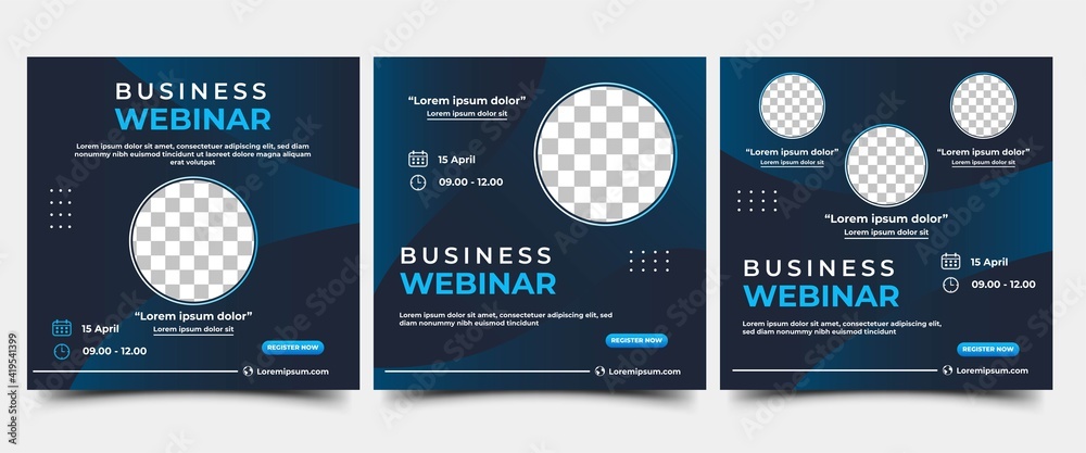 Set of Webinar Social Media post template. Modern banner with abstract gradient blue background. Vector design with place for the photo. Suitable for social media post, banners, and web internet ads. - obrazy, fototapety, plakaty 