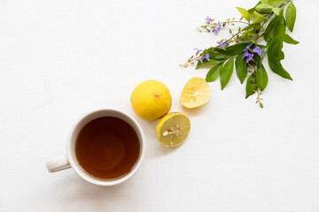 herbal drinks honey lemon health care for cough sore arrangement flat lay style on background white