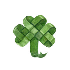 Watercolor illustration of Celtic knot, ribbon shamrock, clover leaf made of ribbon, st patrick day, green ribbon clover leaf, lucky charm, Irish tradition