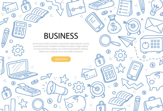 Hand drawn banner of business and finance elements, coin, calculator, piggy, money. Doodle sketch style. Business element drawn by digital pen. Illustration for banner, flyer, frame design template.