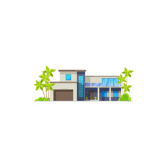 Sticker - Bungalow house or villa resort hut and cottage, vector isolated flat facade. Tropical island condominium or modern luxury hut, beach resort and summer cabin lodge with garage and glass windows