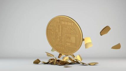 Wall Mural - 3d animation of the appearance of the golden egg in the white studio. The egg is broken and a gold coin of the bitcoin cryptocurrency is hatched from it. The idea of mining. Symbol of holidays