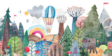 Travel In A Hot Air Balloon Over The Lake, Fields, Forests And Mountains. Cute Landscape With A Lake, Trees And Mountains. Repeating Watercolor Pattern. Horizontal Banner.