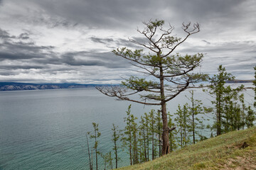 Lake Baikal in cloudy weather. Cold summer