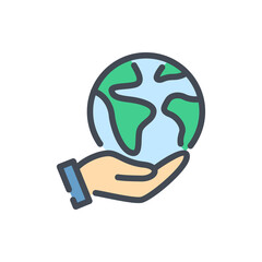 Poster - Save the planet color line icon. Hand holding Earth vector outline colorful sign.
