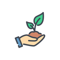 Poster - Plant in hand color line icon. Hand holding plant with leaves vector outline colorful sign.