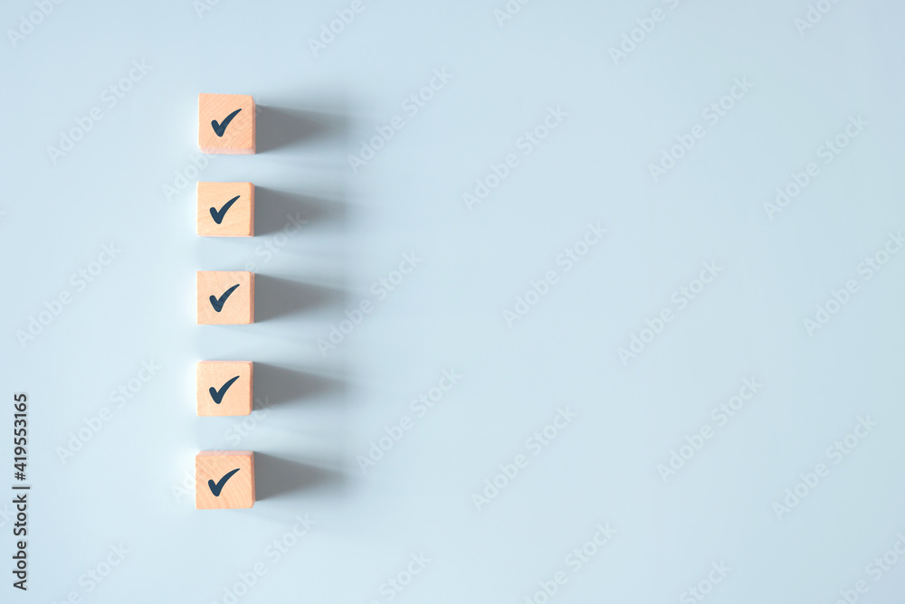 Check Mark Cube Wood cube with check mark on blue background, Checklist concept, Copy ...