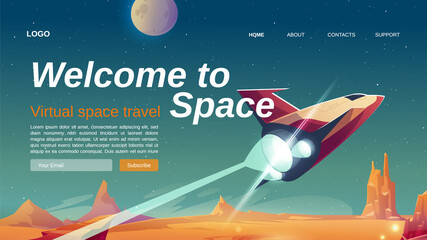 welcome to space cartoon landing with spaceship