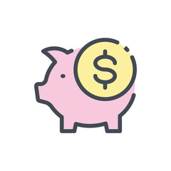 Poster - Piggy bank with dollar coin color line icon. Savings and banking vector outline colorful sign.
